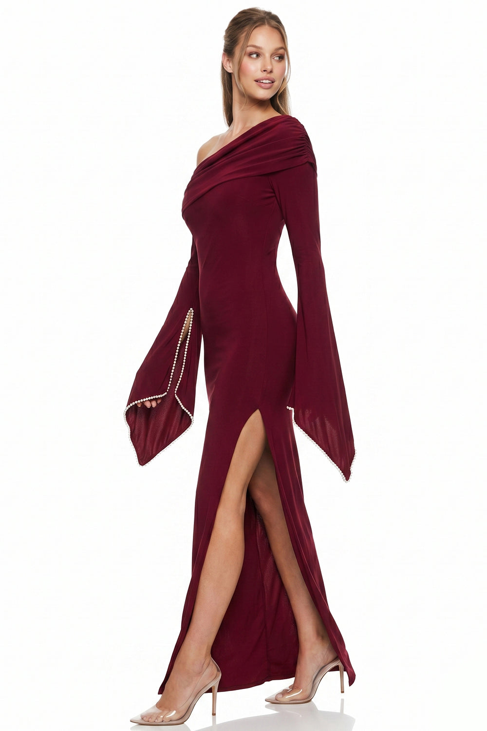 Off The Shoulder Pearl Trim Cuff Maxi Dress