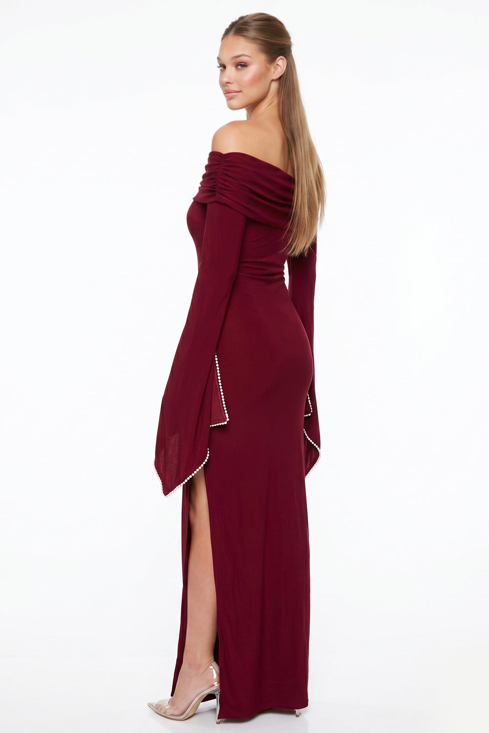 Off The Shoulder Pearl Trim Cuff Maxi Dress