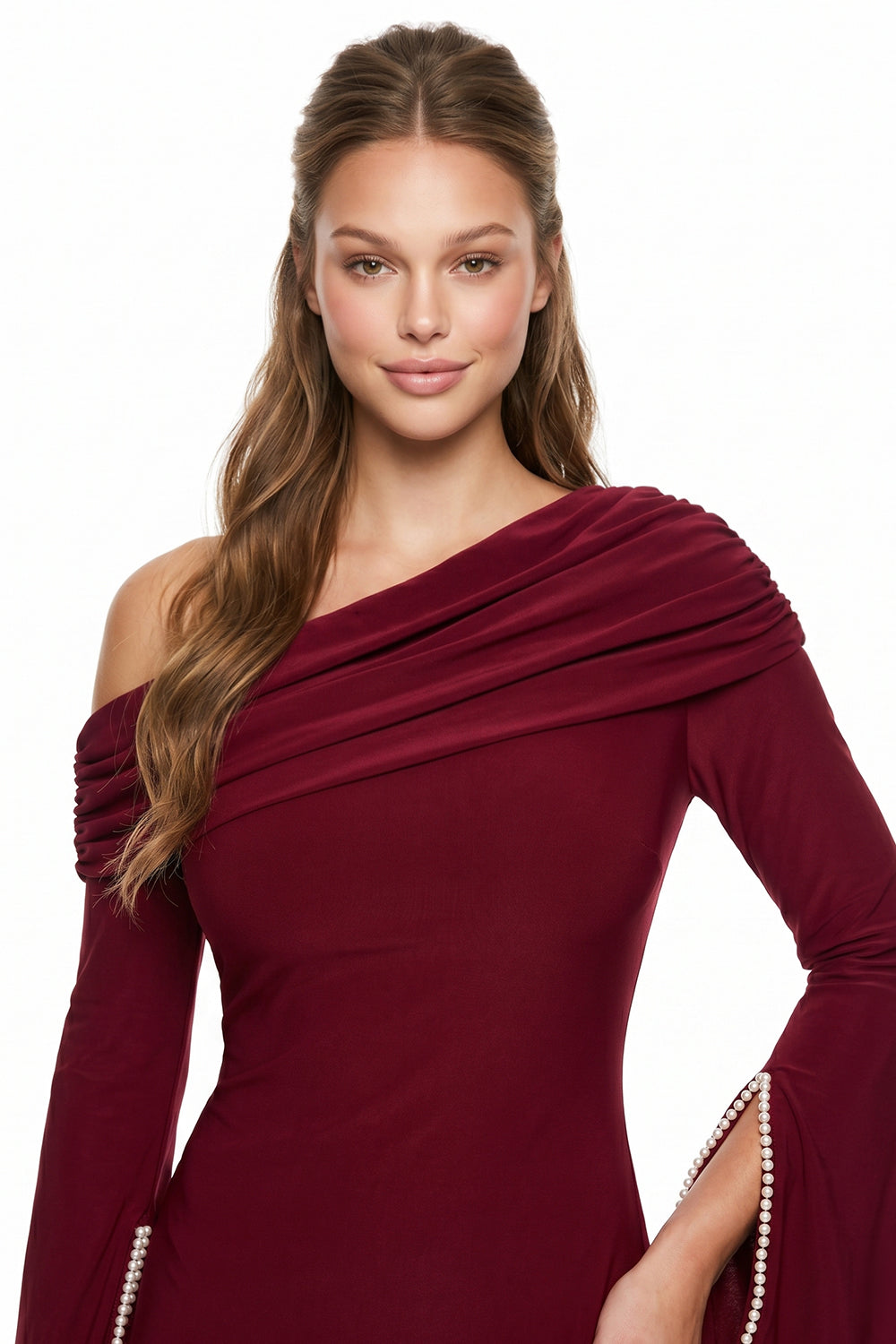 Off The Shoulder Pearl Trim Cuff Maxi Dress