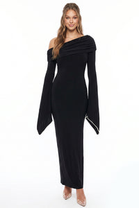 Off The Shoulder Pearl Trim Cuff Maxi Dress