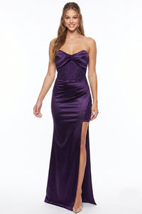 Satin Ruched Lace Applique Detail Maxi Dress