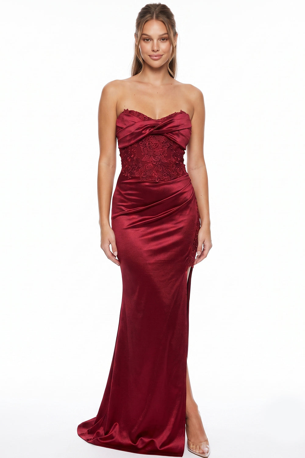 Satin Ruched Lace Applique Detail Maxi Dress