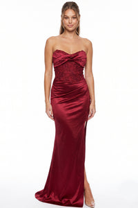 Satin Ruched Lace Applique Detail Maxi Dress