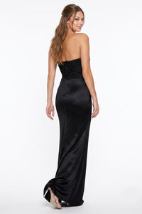 Satin Ruched Lace Applique Detail Maxi Dress