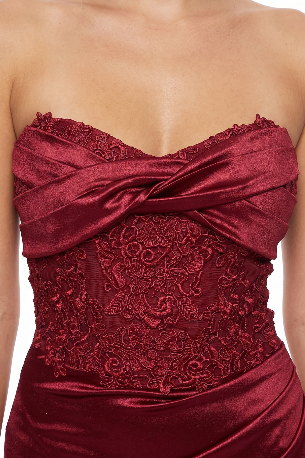 Satin Ruched Lace Applique Detail Maxi Dress