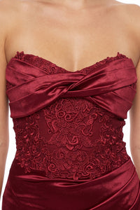 Satin Ruched Lace Applique Detail Maxi Dress