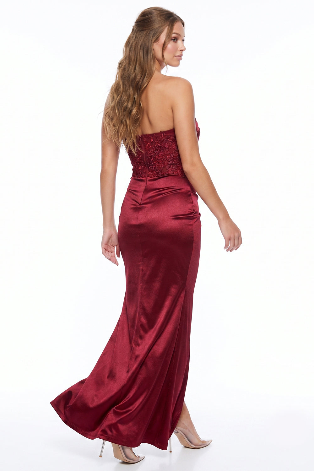 Satin Ruched Lace Applique Detail Maxi Dress