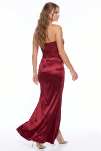Satin Ruched Lace Applique Detail Maxi Dress