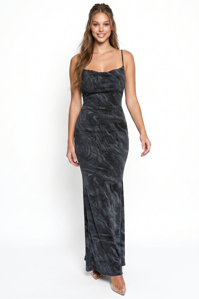 Marble Print Cowl Neckline Maxi Dress