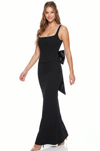 Pearl On Strap Satin Bow Back Maxi Dress