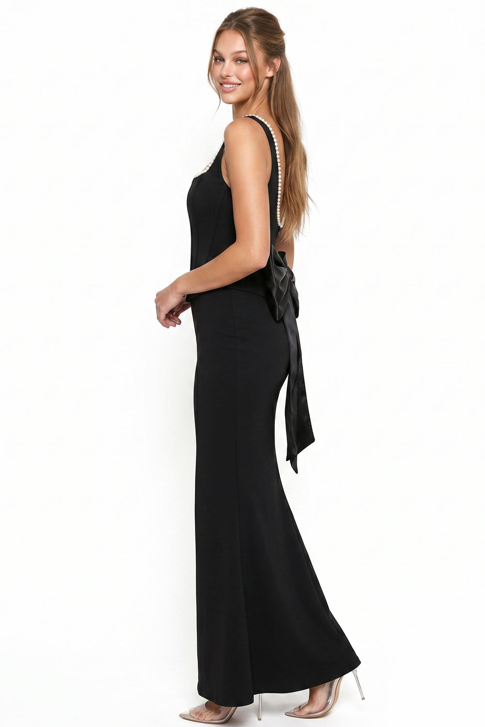 Pearl On Strap Satin Bow Back Maxi Dress