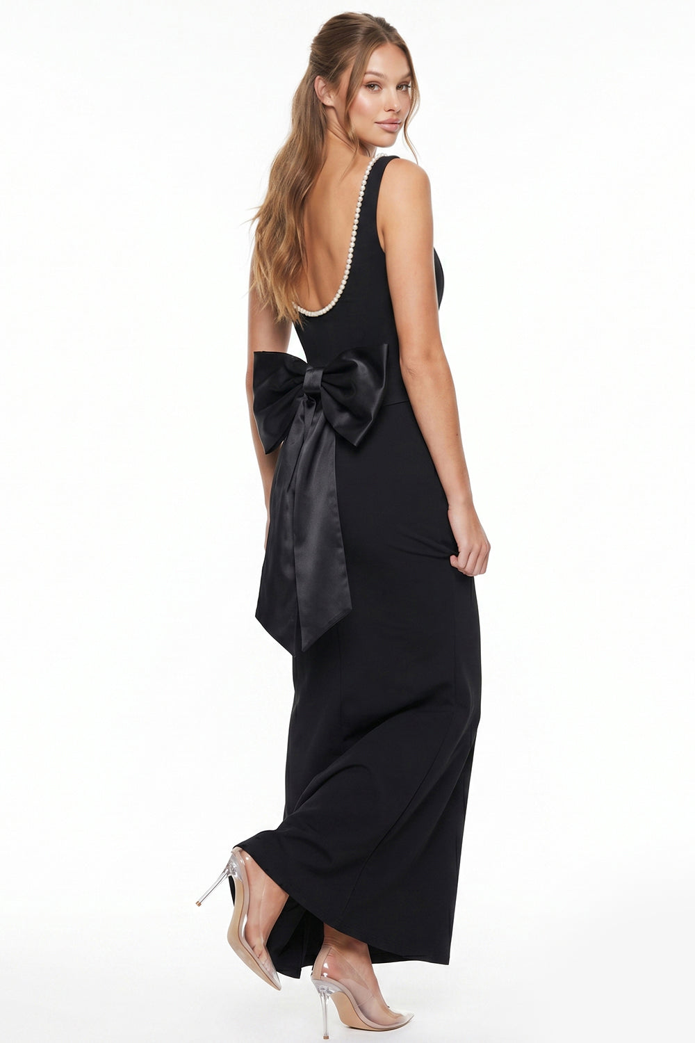 Pearl On Strap Satin Bow Back Maxi Dress