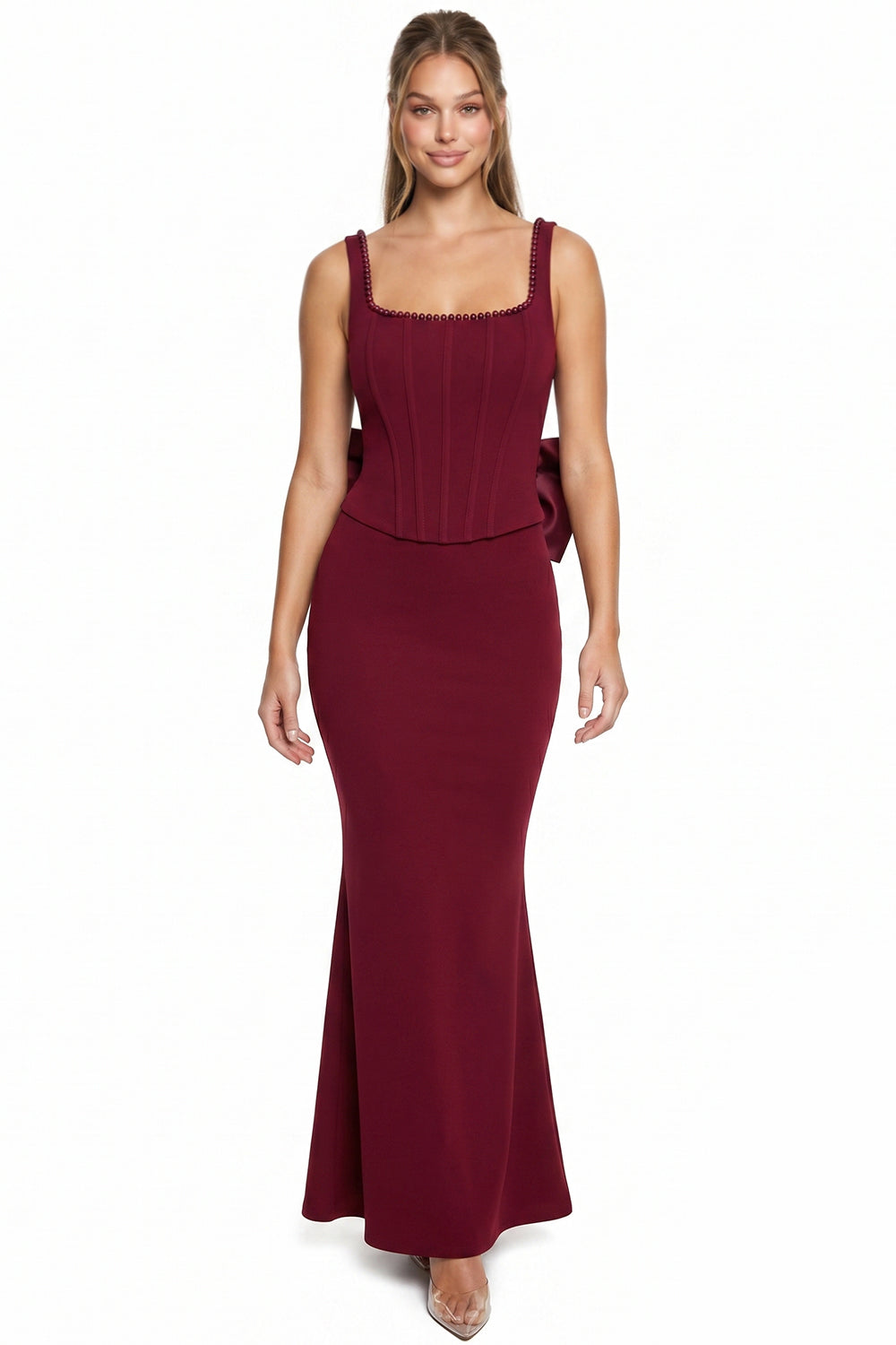 Pearl On Strap Satin Bow Back Maxi Dress