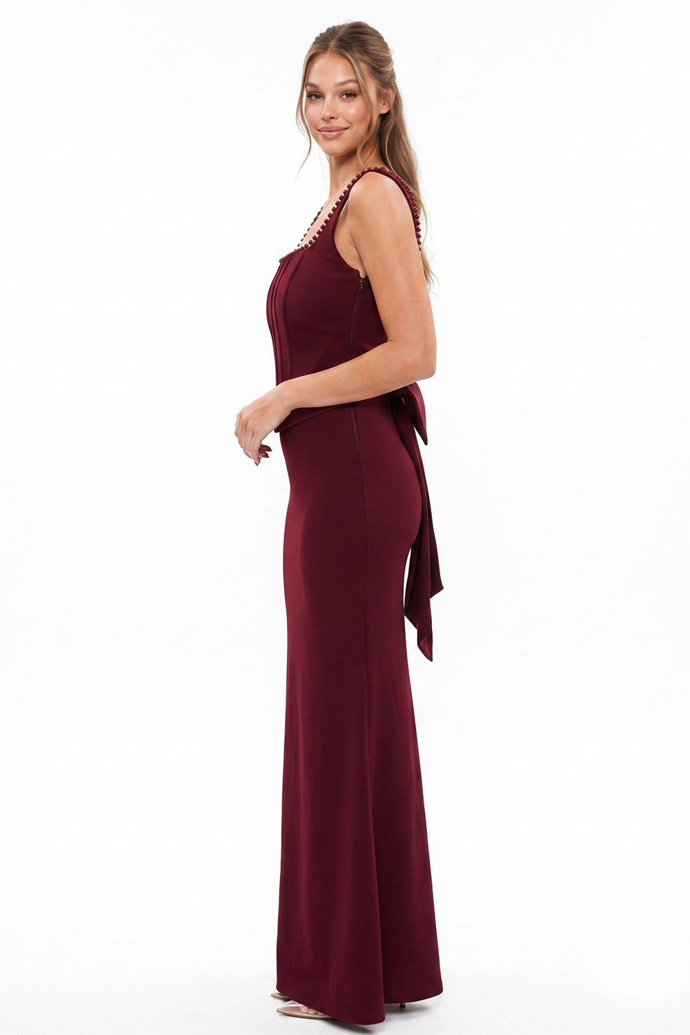 Pearl On Strap Satin Bow Back Maxi Dress