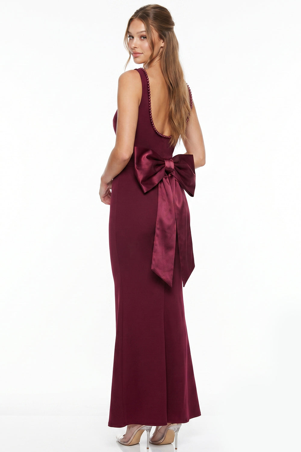 Pearl On Strap Satin Bow Back Maxi Dress