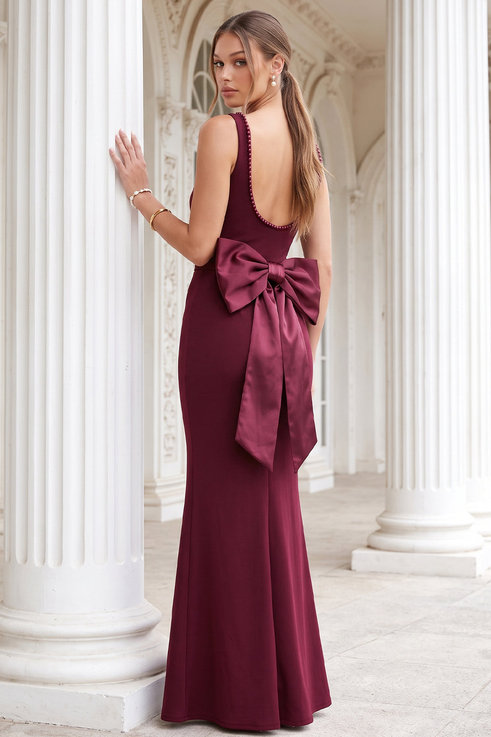 Pearl On Strap Satin Bow Back Maxi Dress