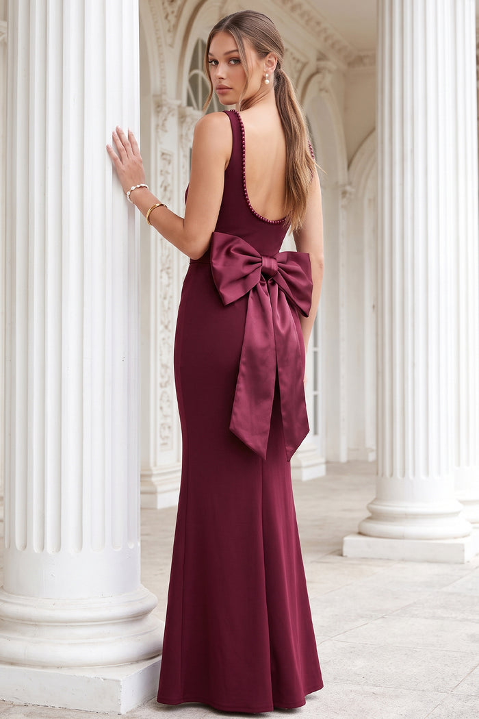 Pearl On Strap Satin Bow Back Maxi Dress