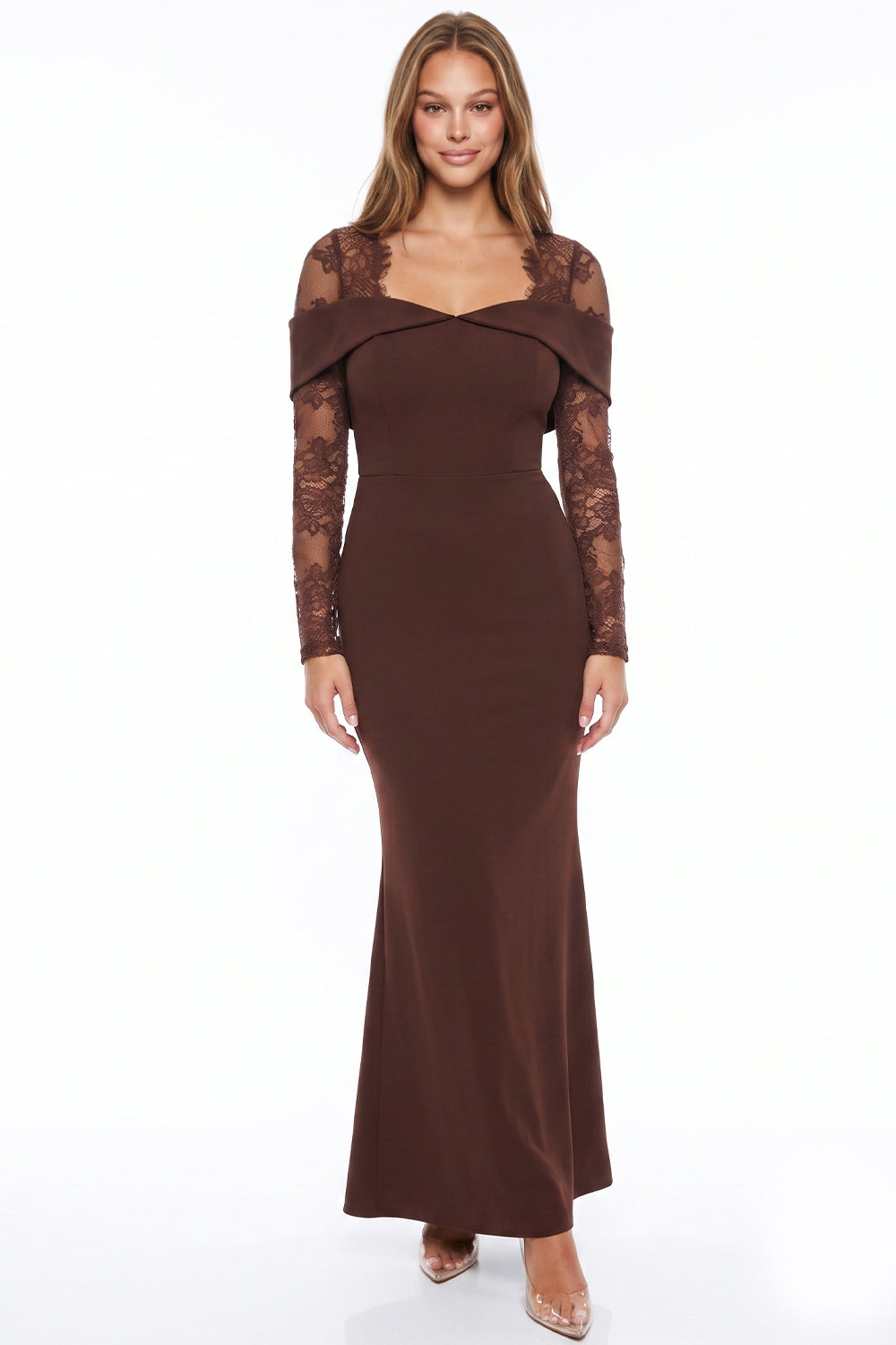 FLORAL LACE SLEEVE OFF SHOULDER MAXI DRESS