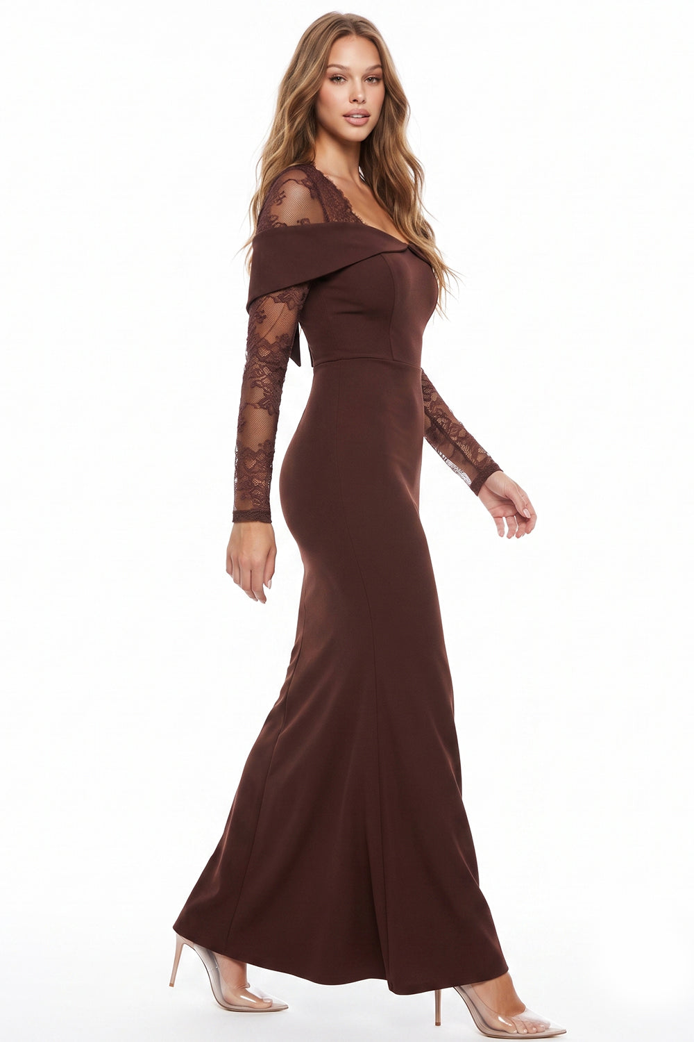FLORAL LACE SLEEVE OFF SHOULDER MAXI DRESS