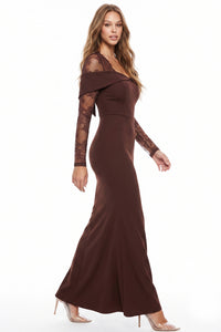 FLORAL LACE SLEEVE OFF SHOULDER MAXI DRESS
