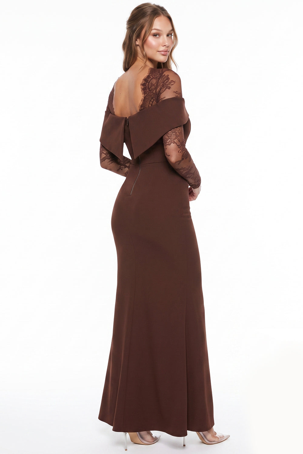 FLORAL LACE SLEEVE OFF SHOULDER MAXI DRESS