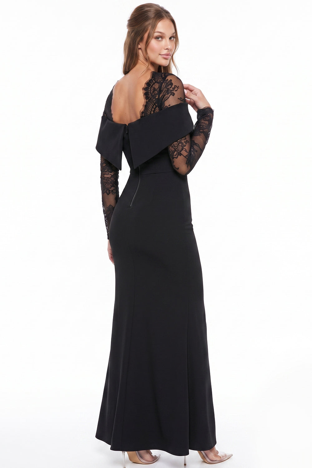 FLORAL LACE SLEEVE OFF SHOULDER MAXI DRESS