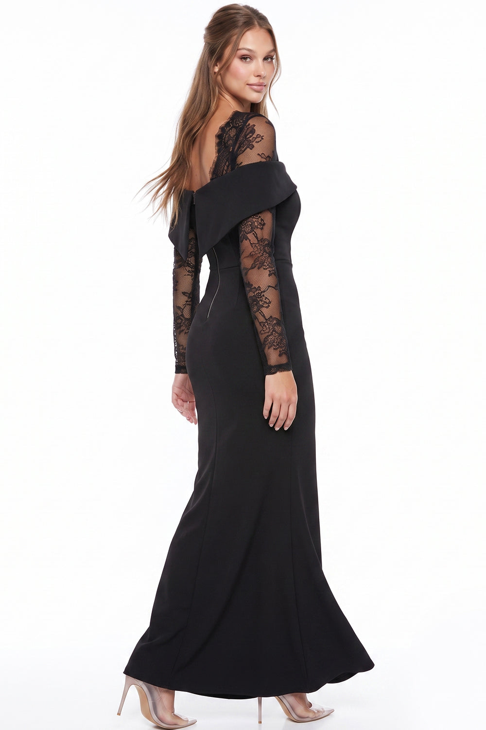 FLORAL LACE SLEEVE OFF SHOULDER MAXI DRESS