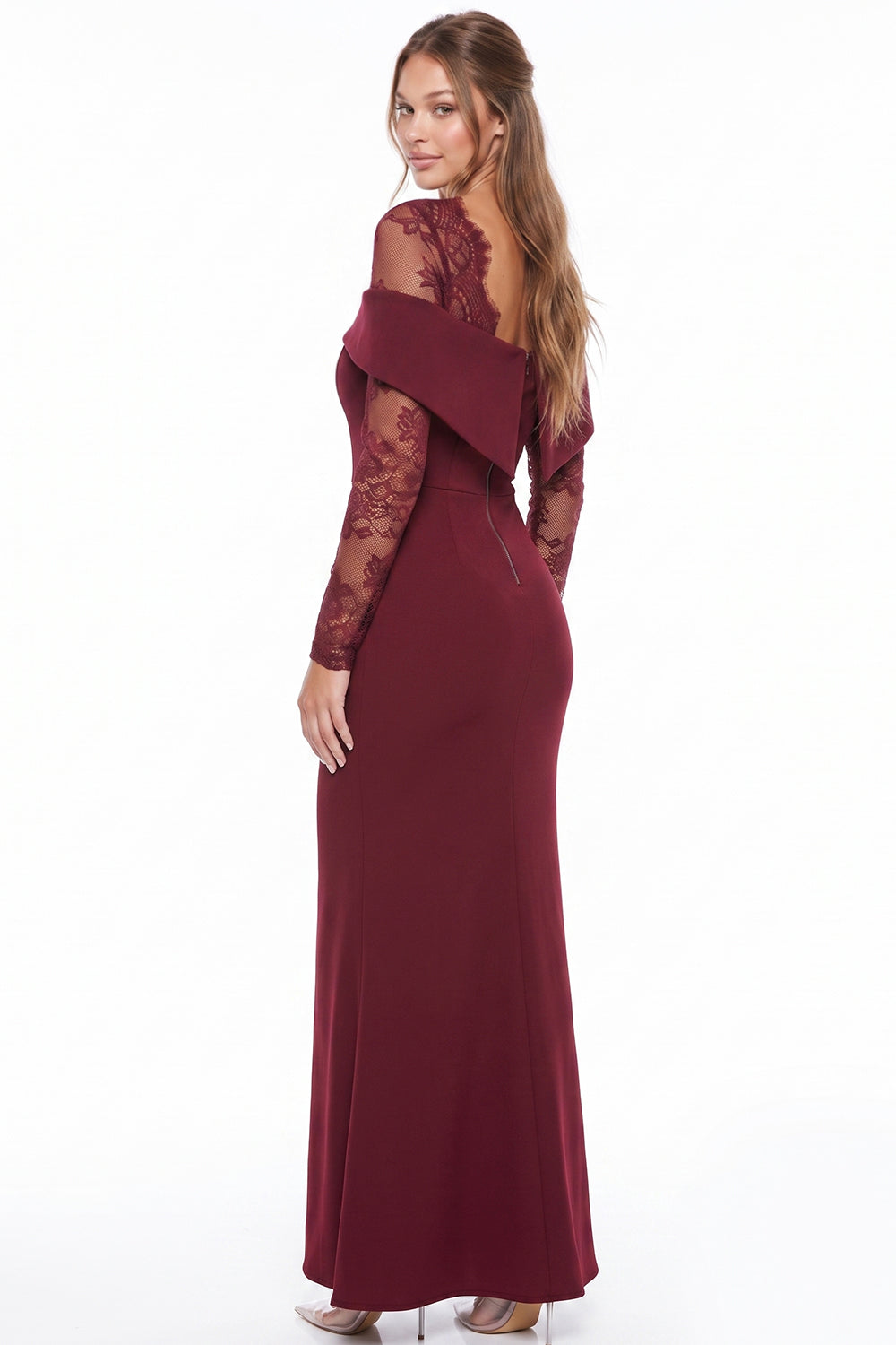 FLORAL LACE SLEEVE OFF SHOULDER MAXI DRESS