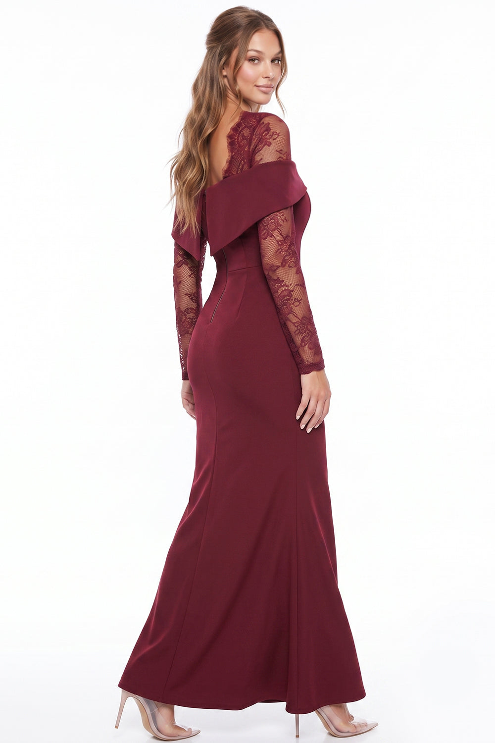 FLORAL LACE SLEEVE OFF SHOULDER MAXI DRESS