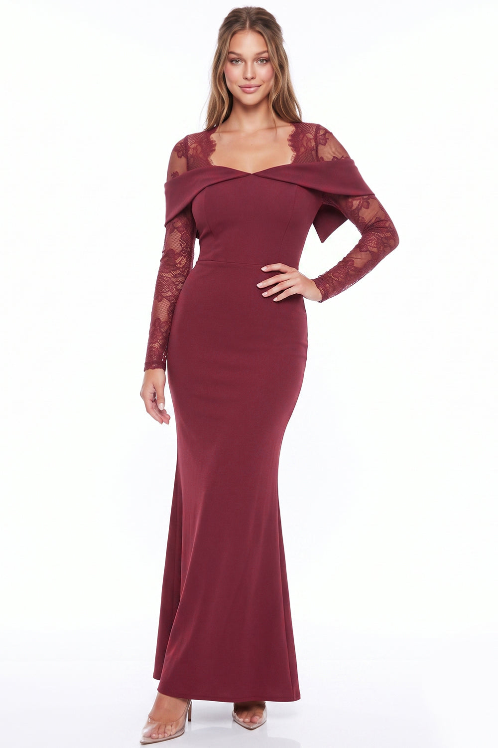FLORAL LACE SLEEVE OFF SHOULDER MAXI DRESS