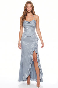Jacquard Cascade Ruffle Maxi Dress