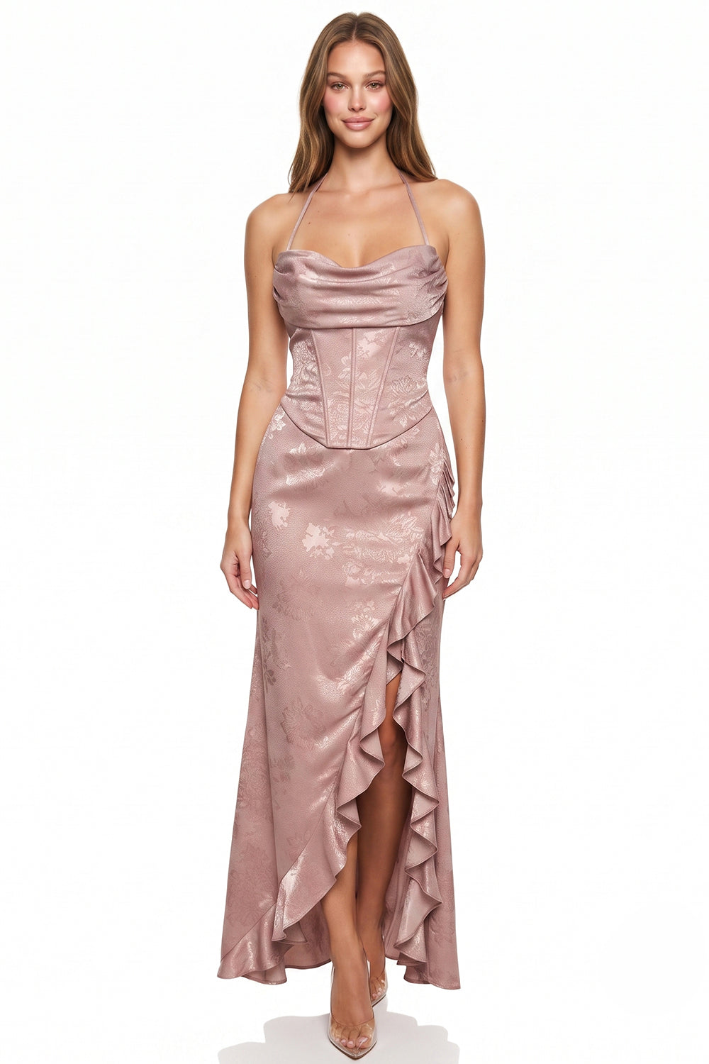 Jacquard Cascade Ruffle Maxi Dress