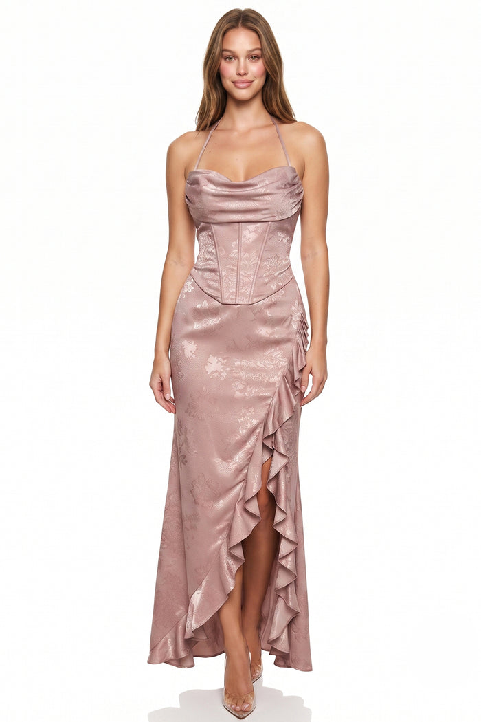 Jacquard Cascade Ruffle Maxi Dress