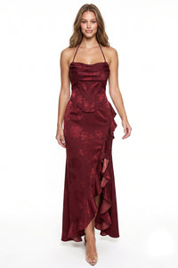Jacquard Cascade Ruffle Maxi Dress