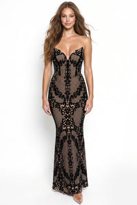 Patterned Flocking Mermaid Maxi Dress