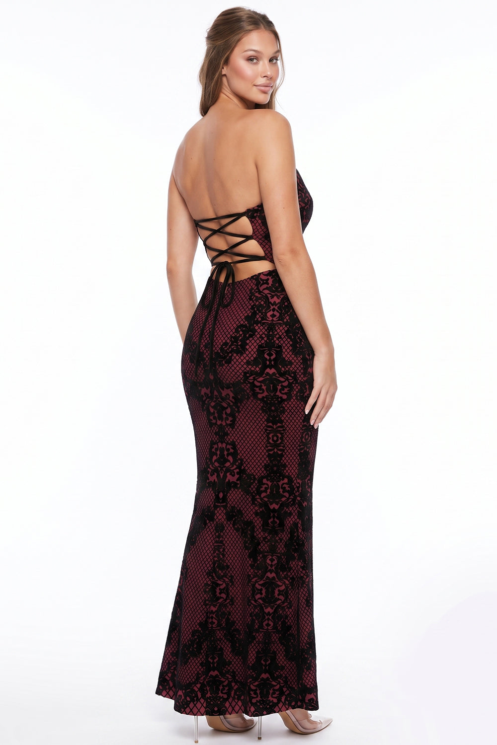Patterned Flocking Mermaid Maxi Dress