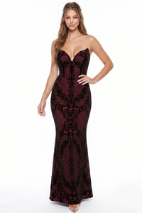 Patterned Flocking Mermaid Maxi Dress