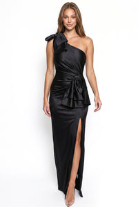 Satin One Shoulder Bow Maxi Dress