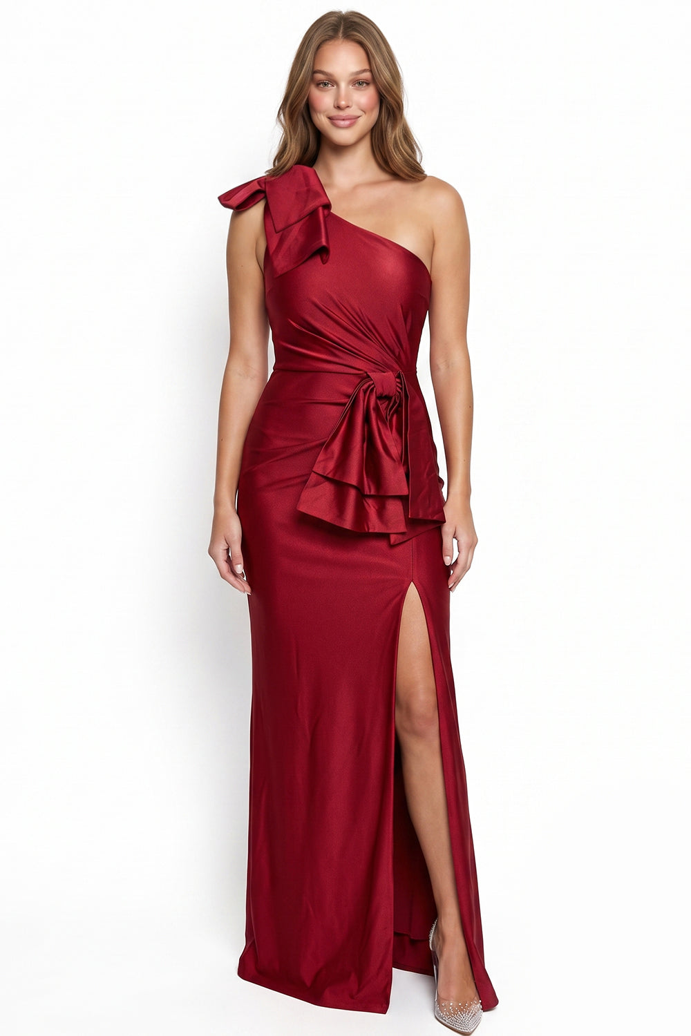 Satin One Shoulder Bow Maxi Dress