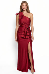 Satin One Shoulder Bow Maxi Dress