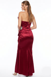 Satin Pleated Rhinestone Brooch Maxi Dress