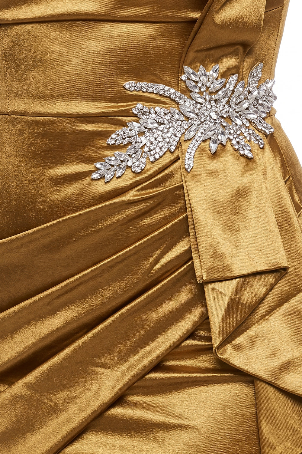 Satin Pleated Rhinestone Brooch Maxi Dress