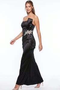Satin Pleated Rhinestone Brooch Maxi Dress