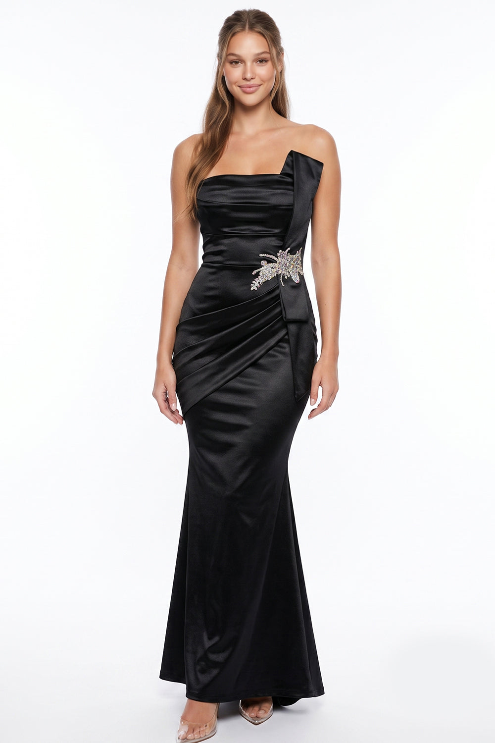 Satin Pleated Rhinestone Brooch Maxi Dress
