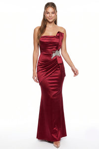 Satin Pleated Rhinestone Brooch Maxi Dress