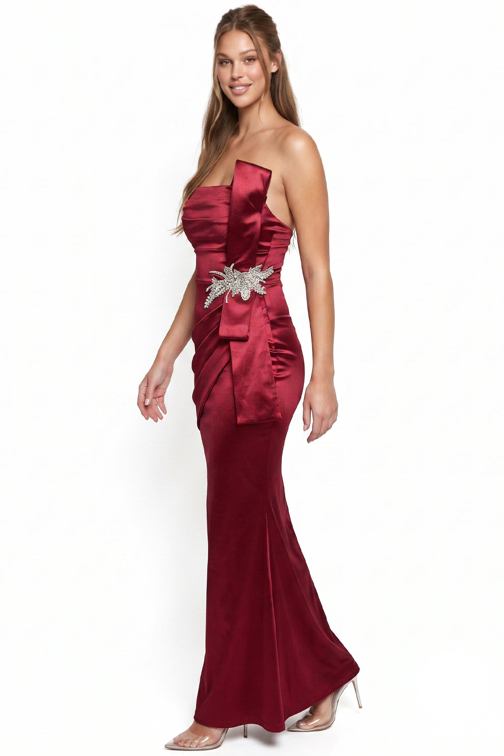 Satin Pleated Rhinestone Brooch Maxi Dress