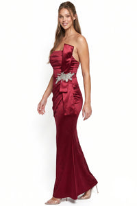 Satin Pleated Rhinestone Brooch Maxi Dress
