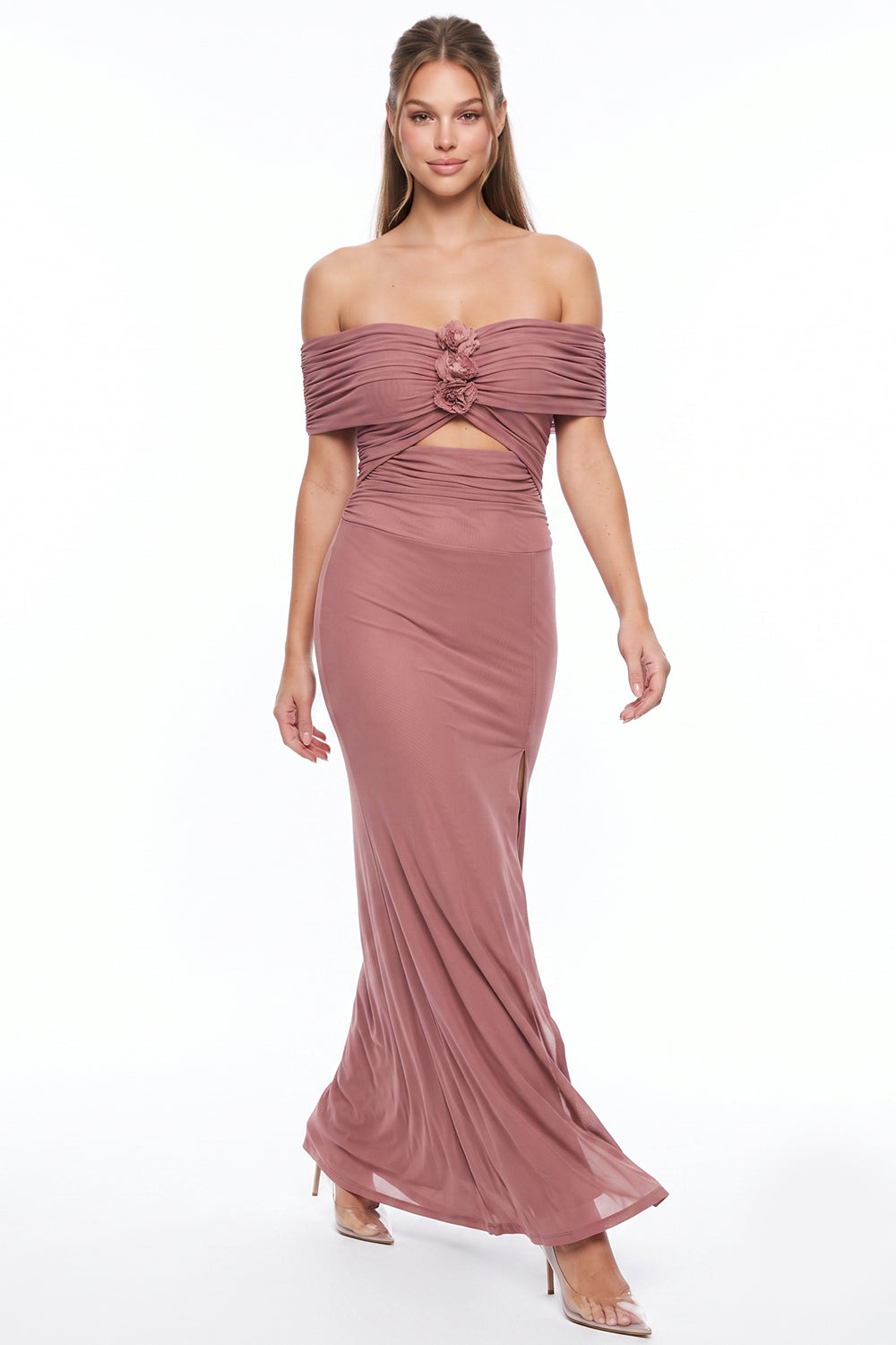 Off Shoulder Floral Applique Maxi Dress