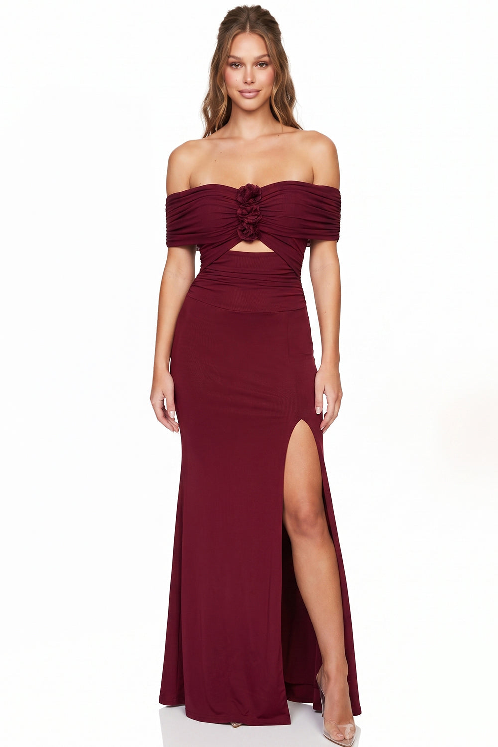Off Shoulder Floral Applique Maxi Dress