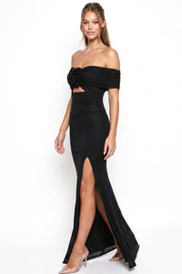 Off Shoulder Floral Applique Maxi Dress